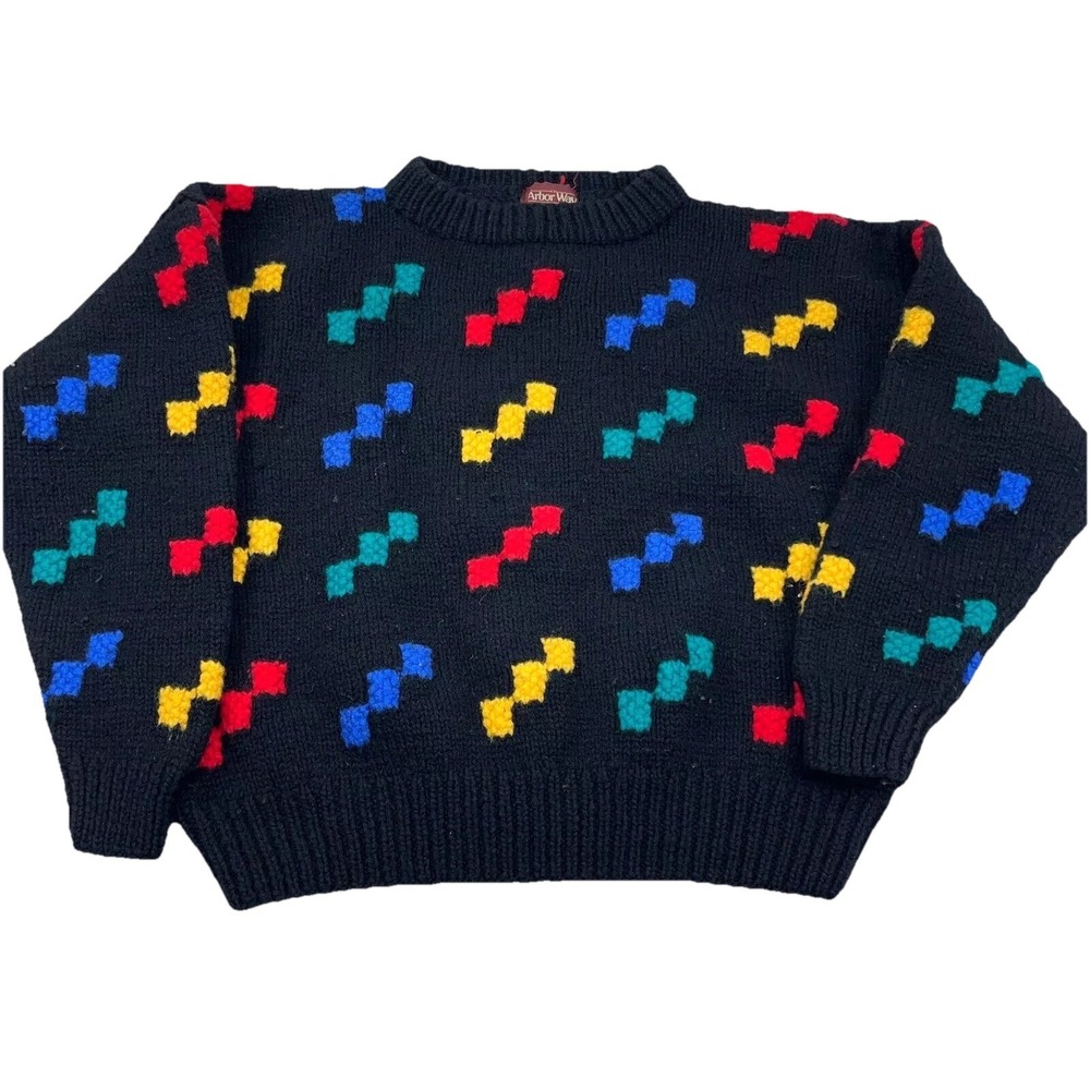 Vintage Grandpa Sweater Women‎ Medium Black Chunky Bulky Wool Knit 80s 90s Multi